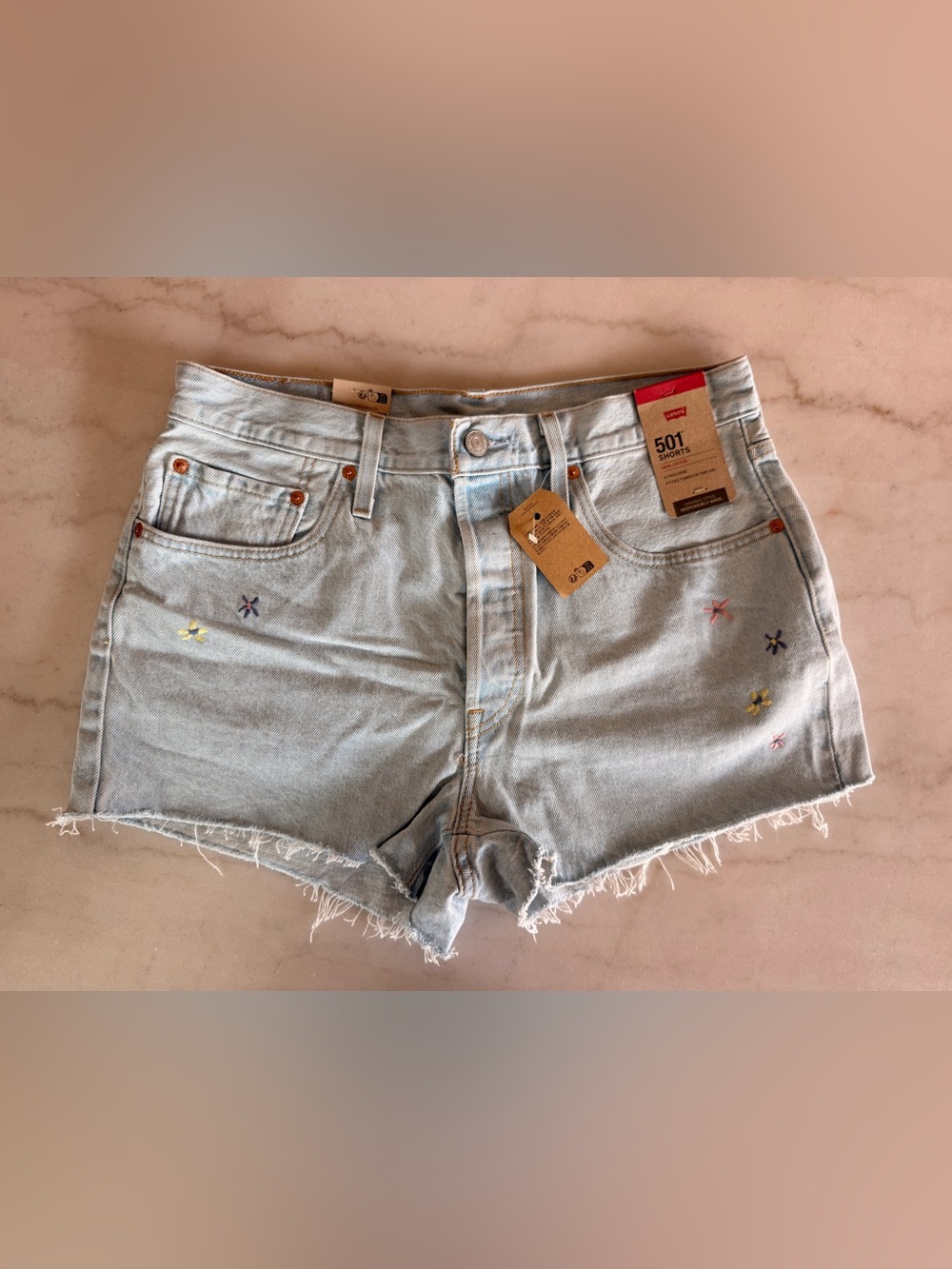 Levi's Light Blue Embroidered Frayed Hem Denim Shorts